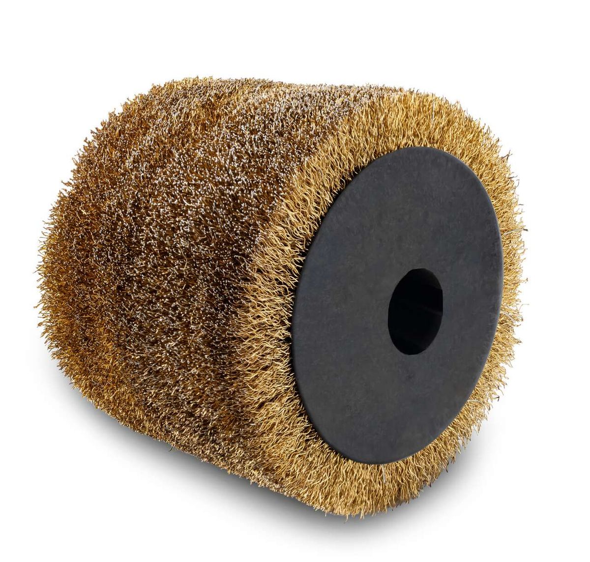 Metal wire brush with black center and gold-brown bristles, photographed from above.