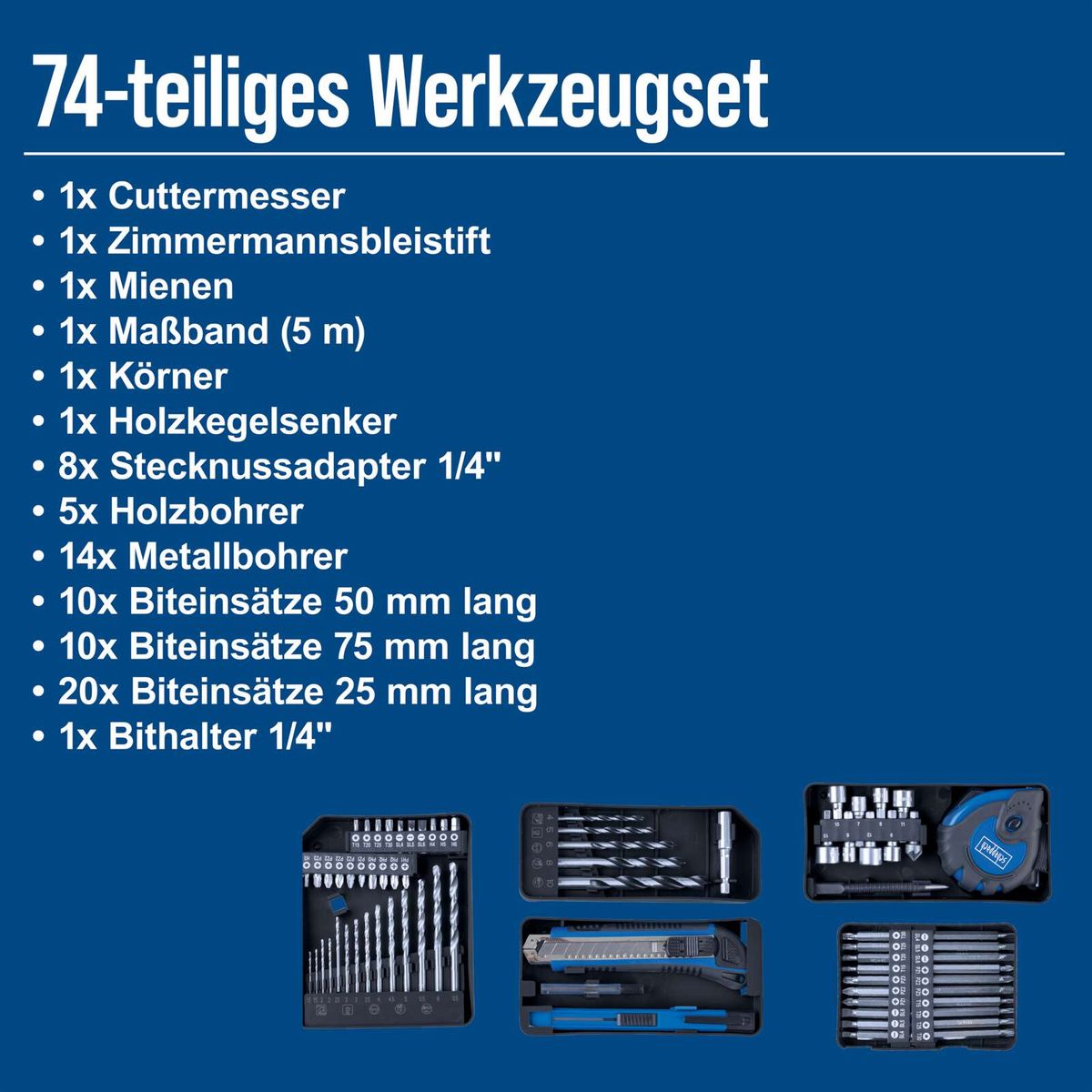 Mobile Werkzeugset mit detaillierter Übersicht der enthaltenen Werkzeuge für Scheppach-Atelier Mobile C-DTB74/2-X