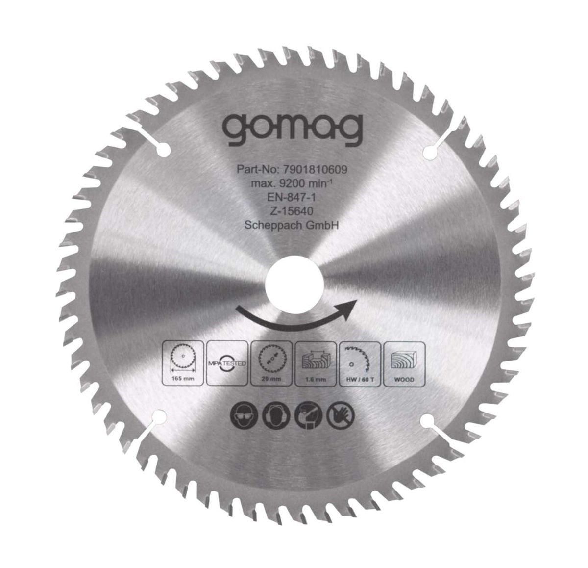 Kreissägeblatt von gomag, Teilenummer 7901810609, max. 9200 min⁻¹, EN-847-1, Z-15640, Scheppach GmbH. Gezeigt von vorne.