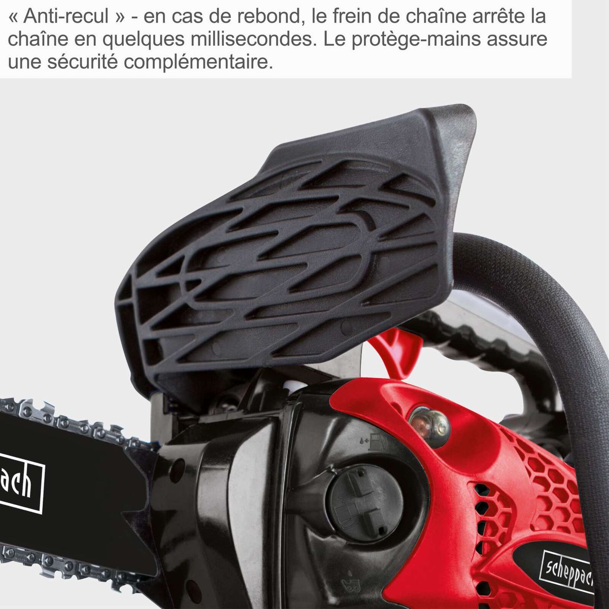 Die Kettensäge CSP2540 von Scheppach verfügt über einen Anti-Rückschlag-Mechanismus, der die Kette bei Rückschlag in Millisekunden stoppt. Ein Handschutz bietet zusätzliche Sicherheit.