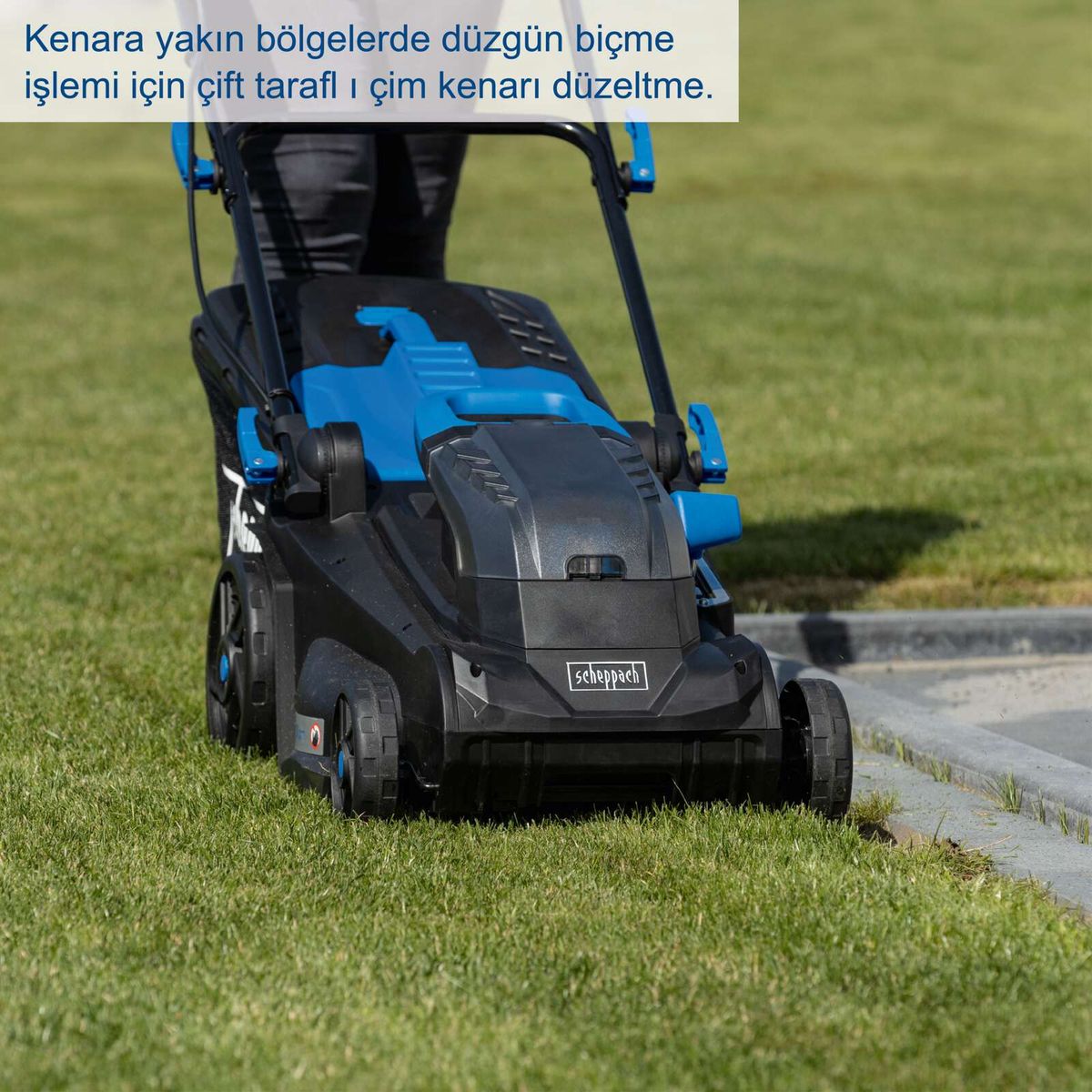 Der Akku-Rasenmäher BC-MP380-X von Scheppach ermöglicht präzises Mähen nahe von Rändern durch doppelseitigen Grasschneider. Ideal für eine gleichmäßige Rasenkante.