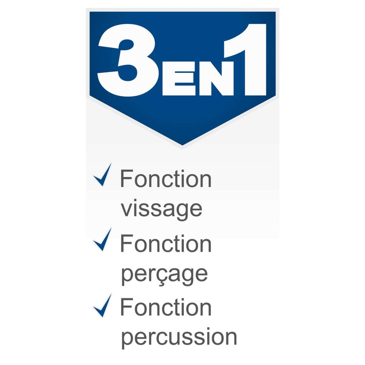 The product has three functions: Vissage, Perçage, and Percussion.