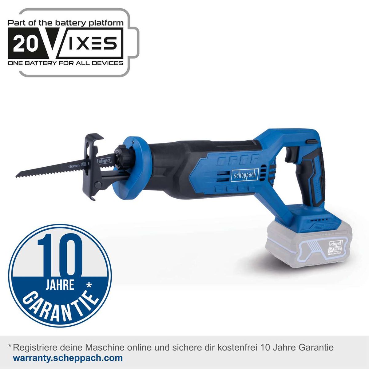 Scheppach Akku-Handkreissäge mit 10 Jahren Garantie. Teil des 20VIXES Batteriesystems. Eine Batterie für alle Geräte. Registrierung online für kostenlose 10 Jahre Garantie auf warranty.scheppach.com.