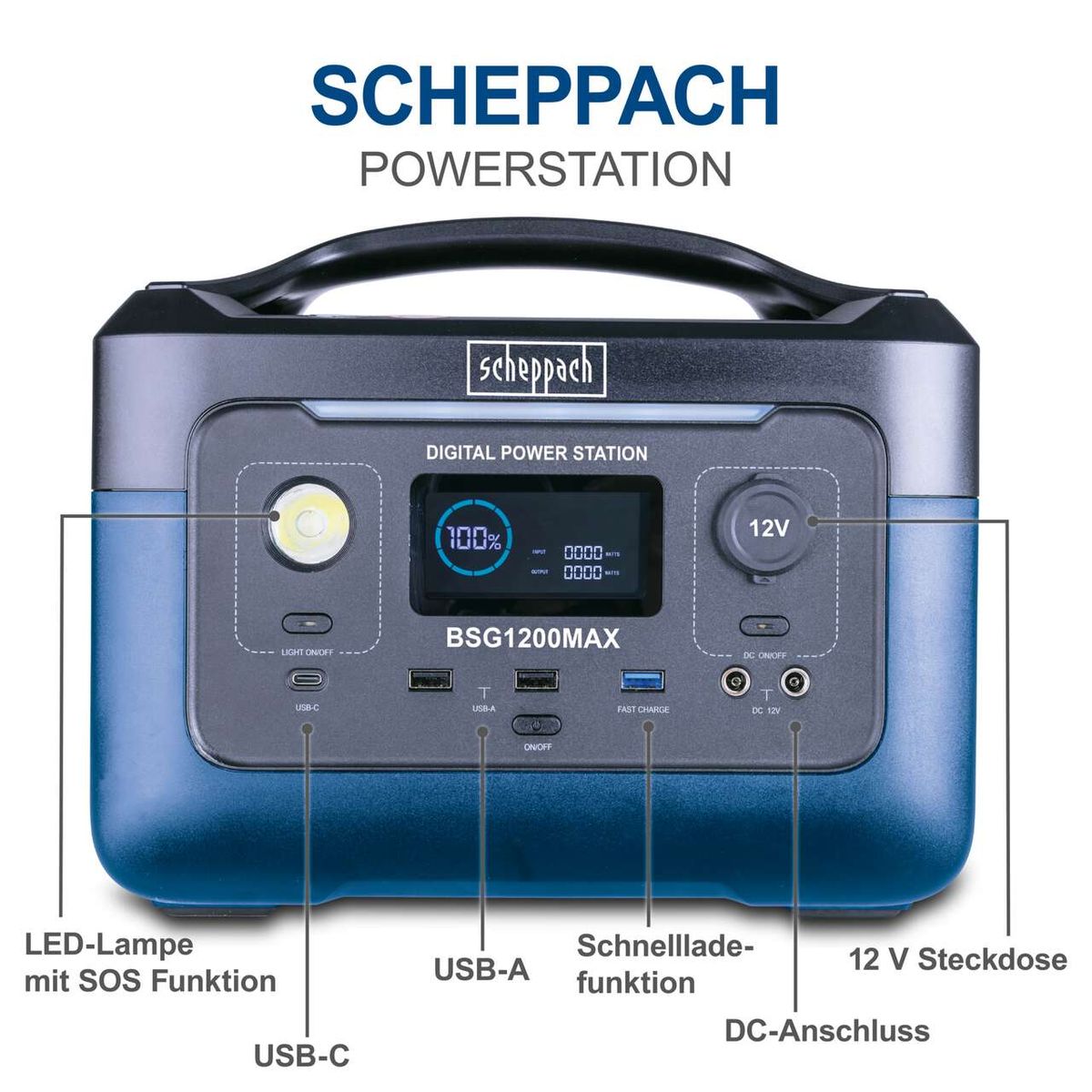 Die Scheppach Powerstation BSG1200MAX bietet eine LED-Lampe mit SOS-Funktion, USB-C- und USB-A-Anschlüsse, eine Schnellladefunktion, sowie eine 12-V-Steckdose und einen DC-Anschluss.