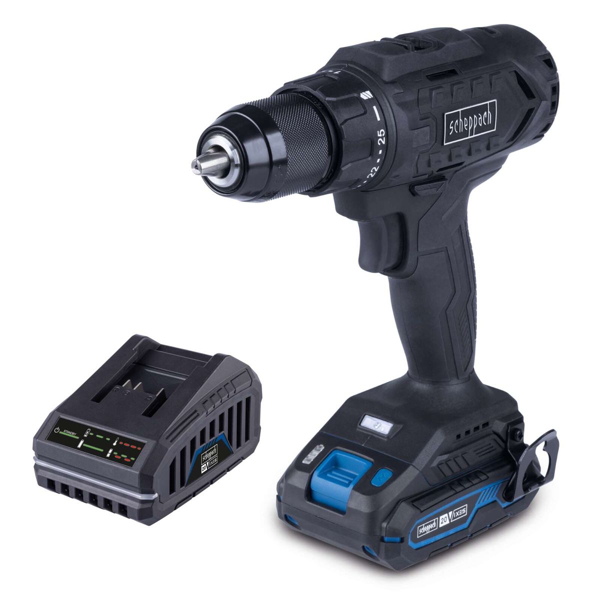 Akku-Bohrschrauber C-BS45BE-X Set S scheppach black mit 2 Akkus und Ladegerät. 25 Nm Drehmoment, 2-Gang-Getriebe, LED-Licht, und Schnellspannbohrfutter.