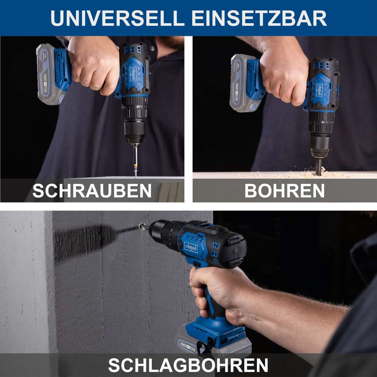 Scheppach Akku-Schlagbohrmaschine mit Demonstrationen für Schrauben, Bohren und Schlagbohren
