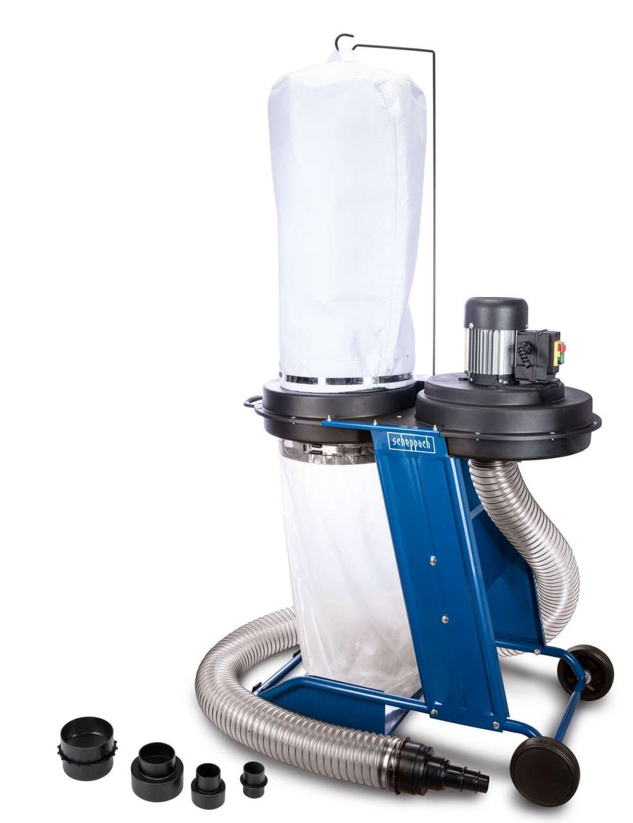Absauganlage HD12 Scheppach mit Auffangbehälter und Schlauch, seitliche Ansicht.