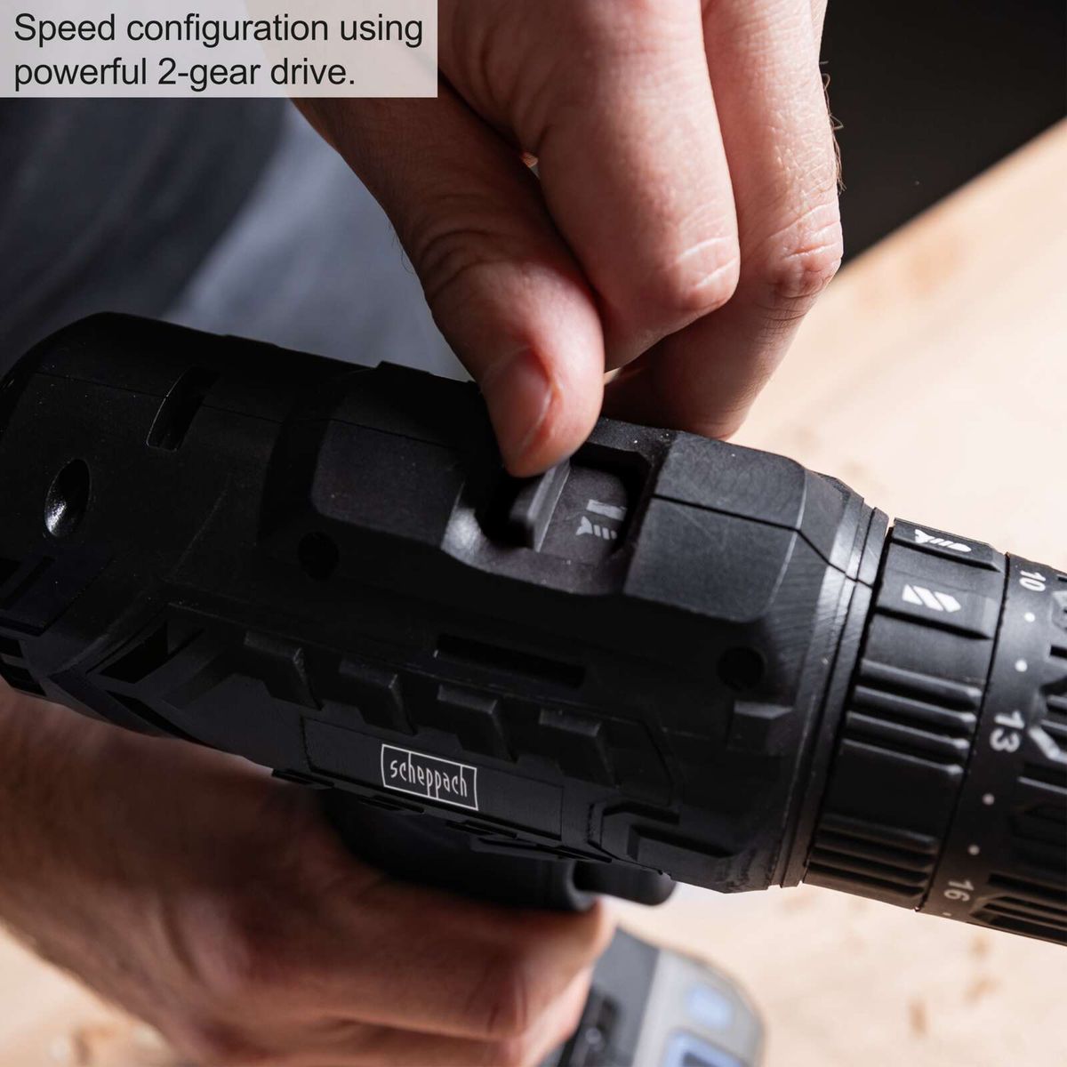 The cordless impact drill C-SBS45BE-X by Scheppach features a speed configuration with a powerful 2-gear drive for efficient work.