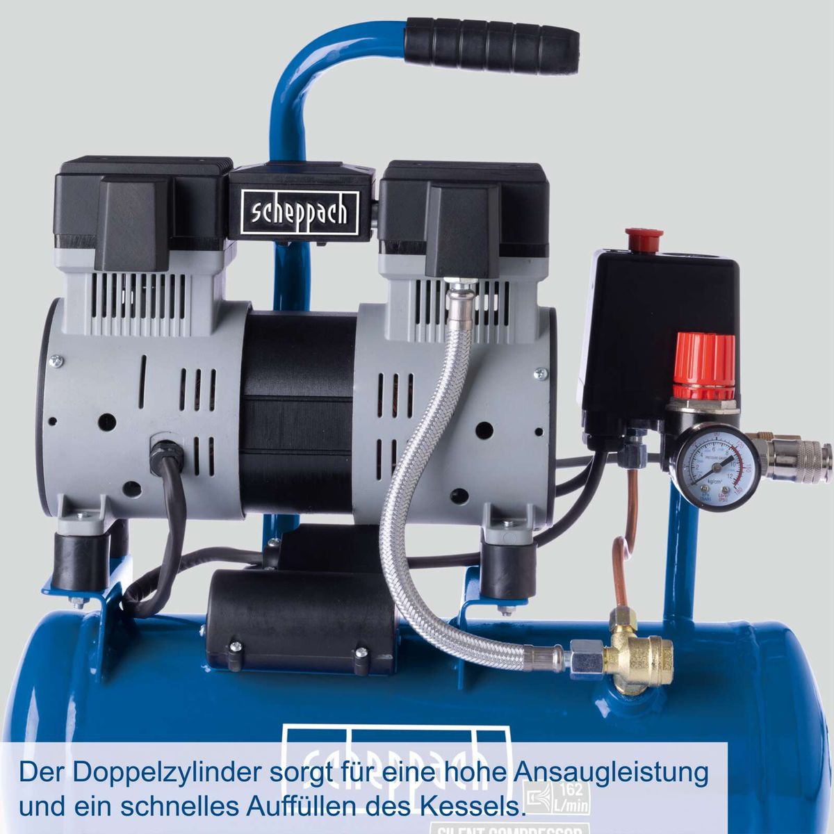 Doppelzylinder-Kompressor mit hoher Ansaugleistung und schnellem Auffüllen des Kessels