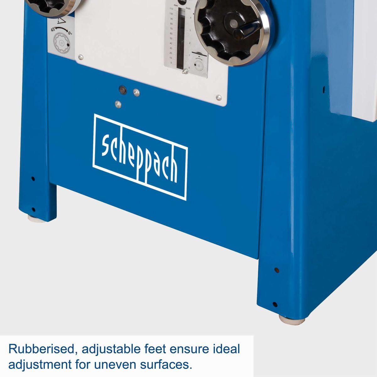 The Scheppach Precisa 6.0 table saw features rubberised, adjustable feet for ideal adjustment on uneven surfaces.
