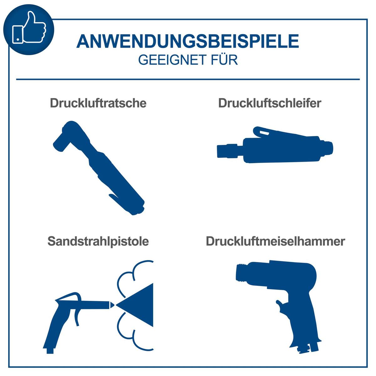 Das Bild zeigt Anwendungsbeispiele für den Kompressor HC120DC von Scheppach. Geeignet für Druckluftratsche, Druckluftschleifer, Sandstrahlpistole und Druckluftmeiselhammer.