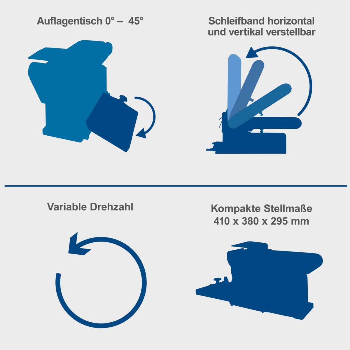 Der Band- & Tellerschleifer BTS800Vario Scheppach bietet folgende Merkmale: Auflagentisch mit Neigungswinkel von 0° bis 45°, horizontal und vertikal verstellbares Schleifband, variable Drehzahl und kompakte Stellmaße von 410 x 380 x 295 mm.
