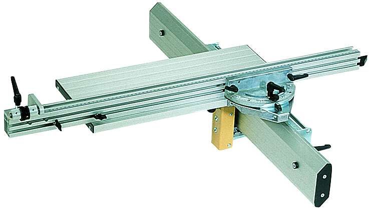 Scheppach Schiebeschlitten, seitliche Ansicht, Metallkonstruktion mit Führungsschiene und Klemmvorrichtung.