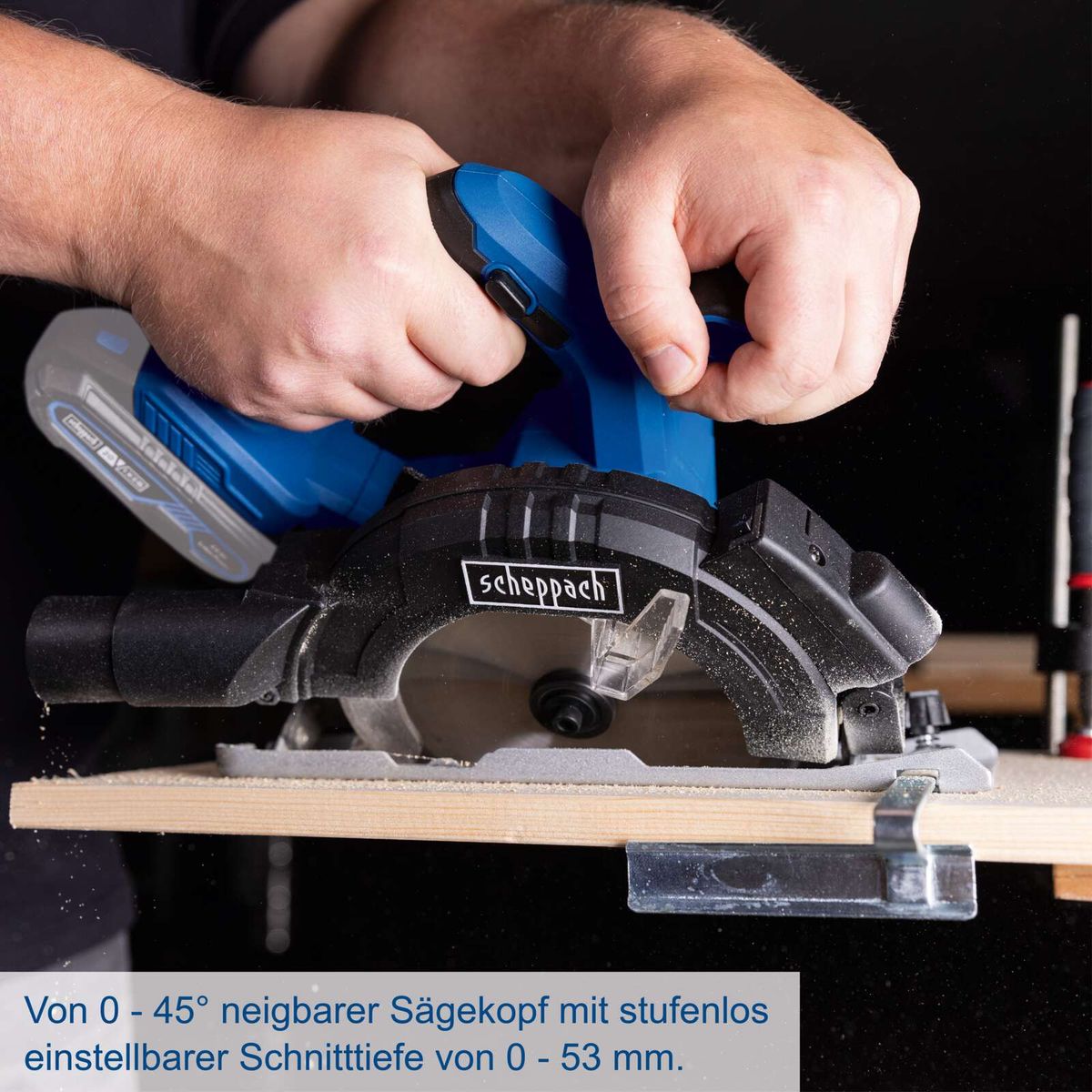 Scheppach-Sägekopf mit stufenlos einstellbarer Neigung von 0 bis 45° und Schnittiefe von 0 bis 53 mm