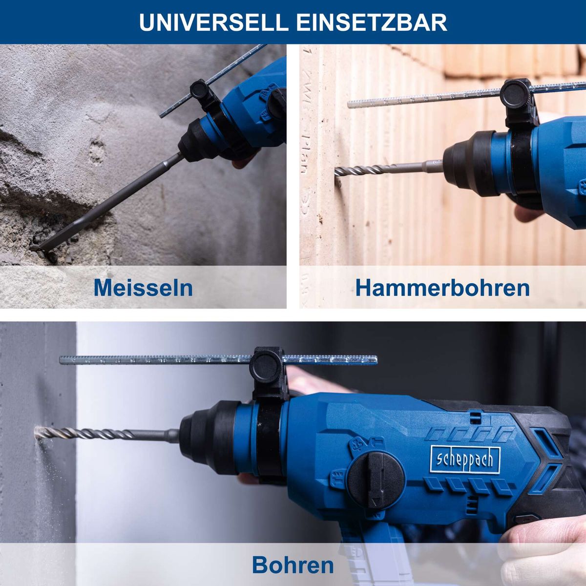 Universalwerkzeug mit Bohr-, Schlagbohr- und Meißelaufnahme für Akku-Bohrhammer
