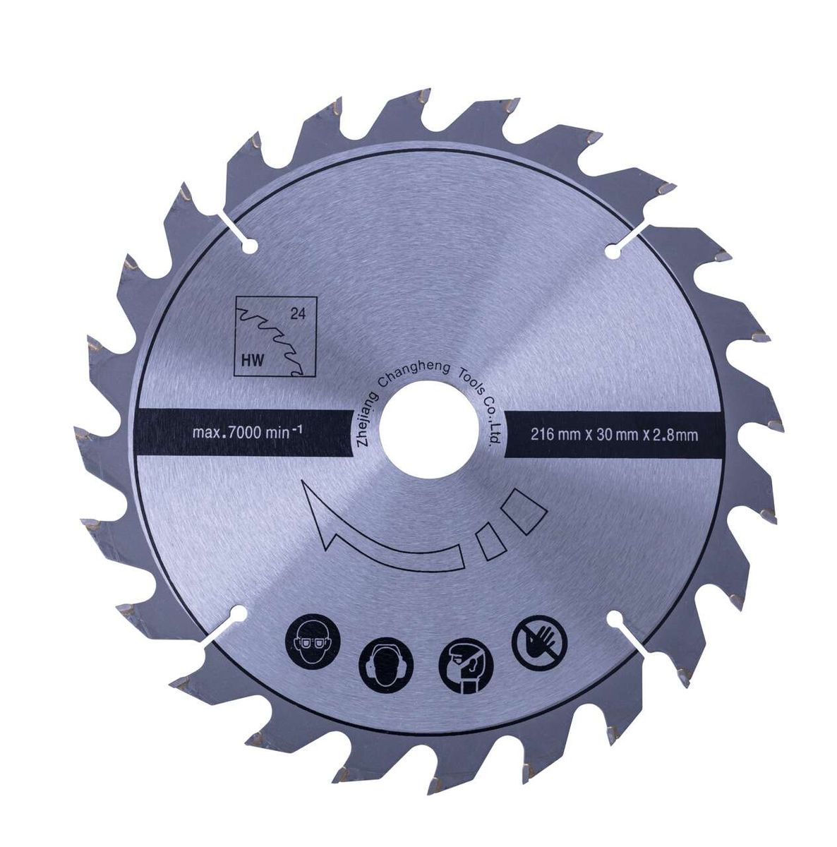 HW Kreissägeblatt Ø 216 x 30 x 2,8 mm / 24 Z von Zhejiang Changheng Tools Co., Ltd. Max. Drehzahl 7000 min⁻¹. Gezeigt von vorne.