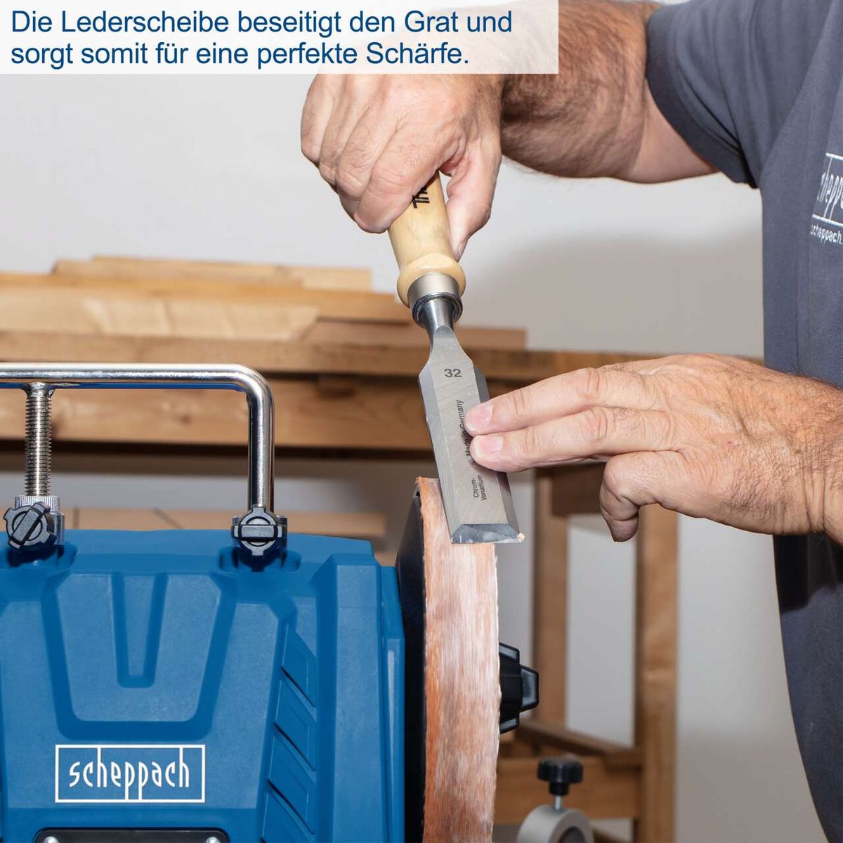 Scheppach-Wasserbürste mit Lederwscheibe zur Glättung und Schärfung von Klingen