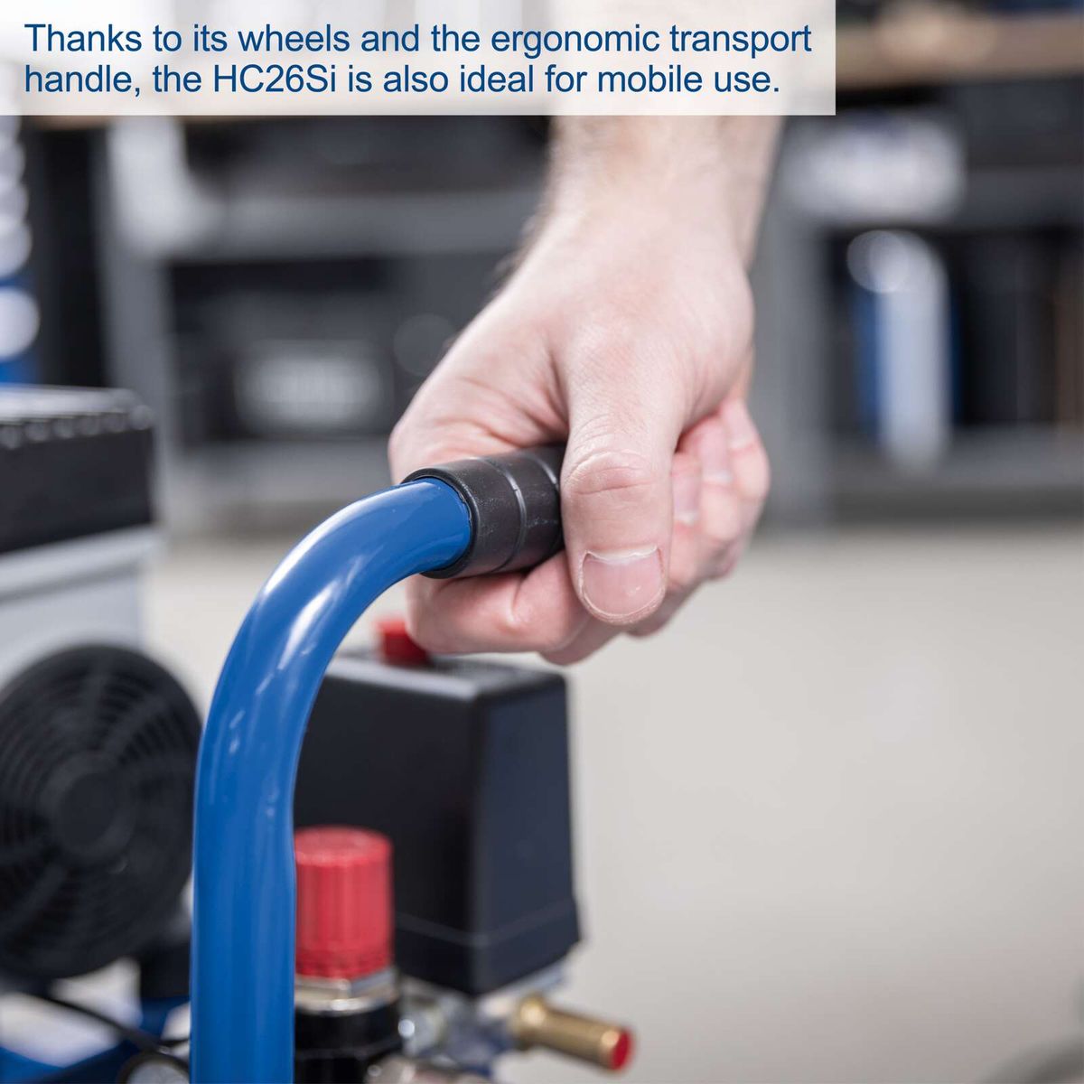 The Scheppach HC26Si compressor features wheels and an ergonomic transport handle for mobile use.