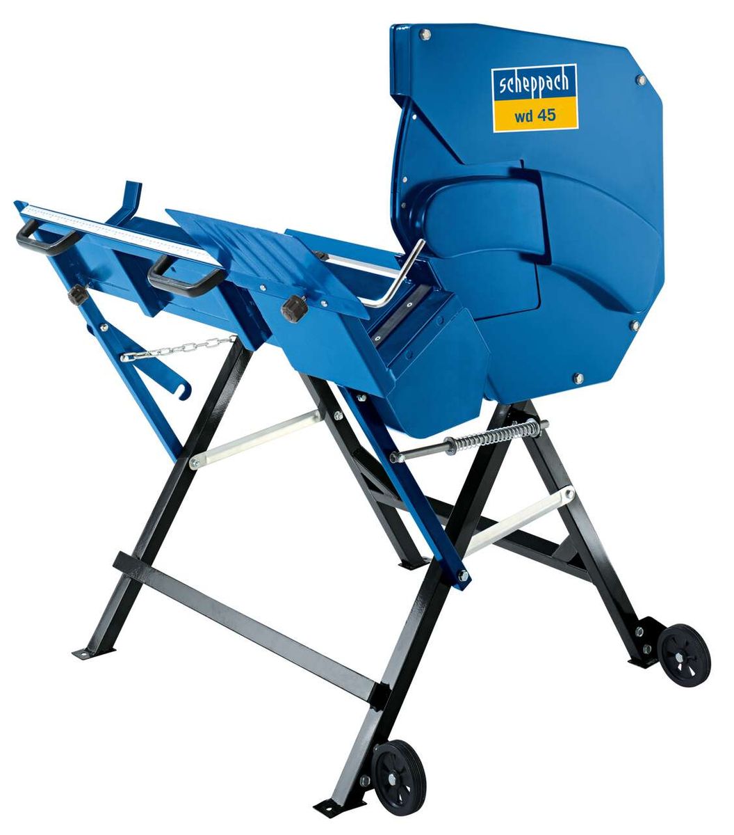 Wippsäge WD45 von Scheppach, seitliche Ansicht. Das Gerät steht auf einem Ständer mit Rädern.