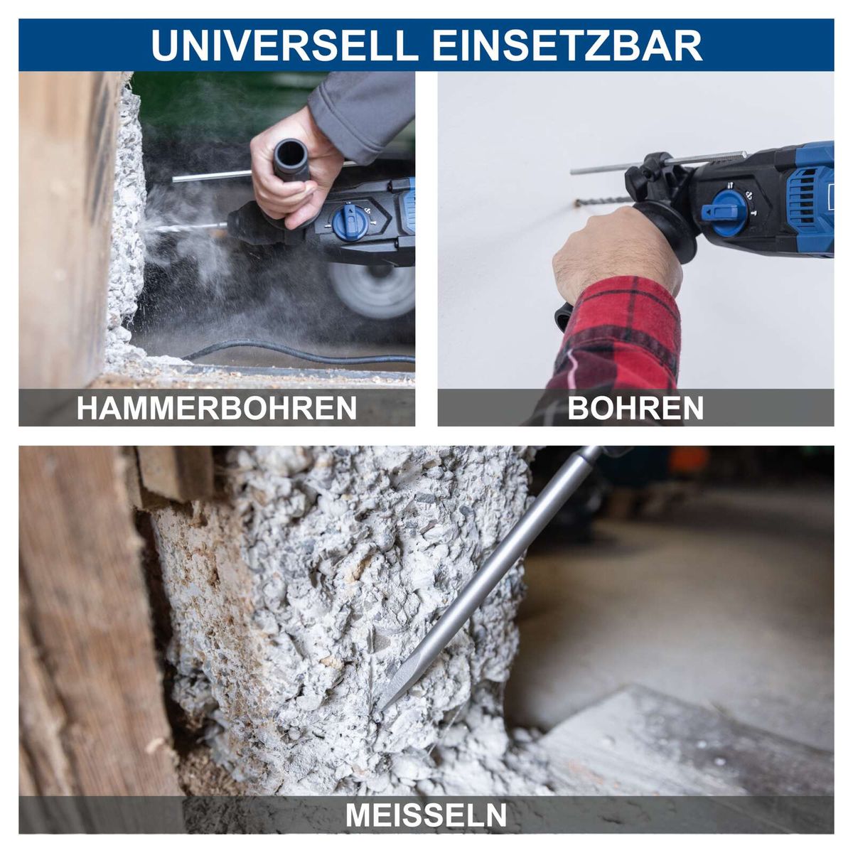 Universalwerkzeug für Bohren, Hammern und Meißeln mit Illustrationen der Funktionen