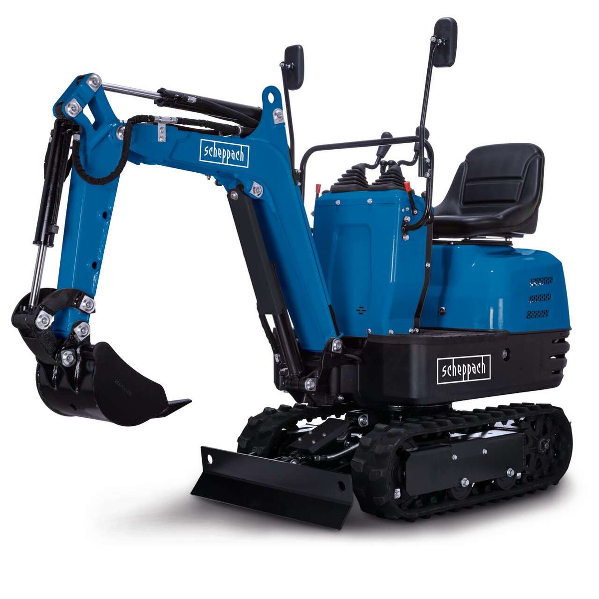 Benzin Mini Bagger EXC815 Scheppach mit 8,5 PS, 2330mm Grabweite und 690mm Spurbreite. Kettenantrieb für optimale Geländegängigkeit. Robuste Bauweise für zuverlässige Leistung.