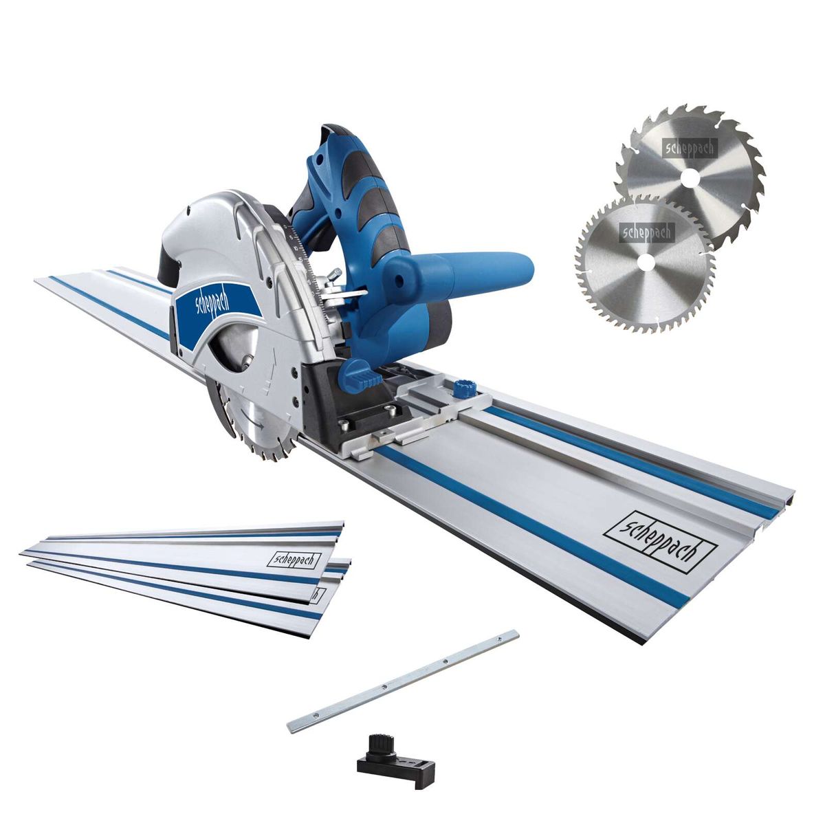 Tauchsäge PL55 SE von Scheppach mit 2x 700mm Schiene, 24Z Sägeblatt, 1200W Leistung und inkl. 2. Sägeblatt 48Z. Enthält Zubehör wie Führungsstange und Parallelanschlag.