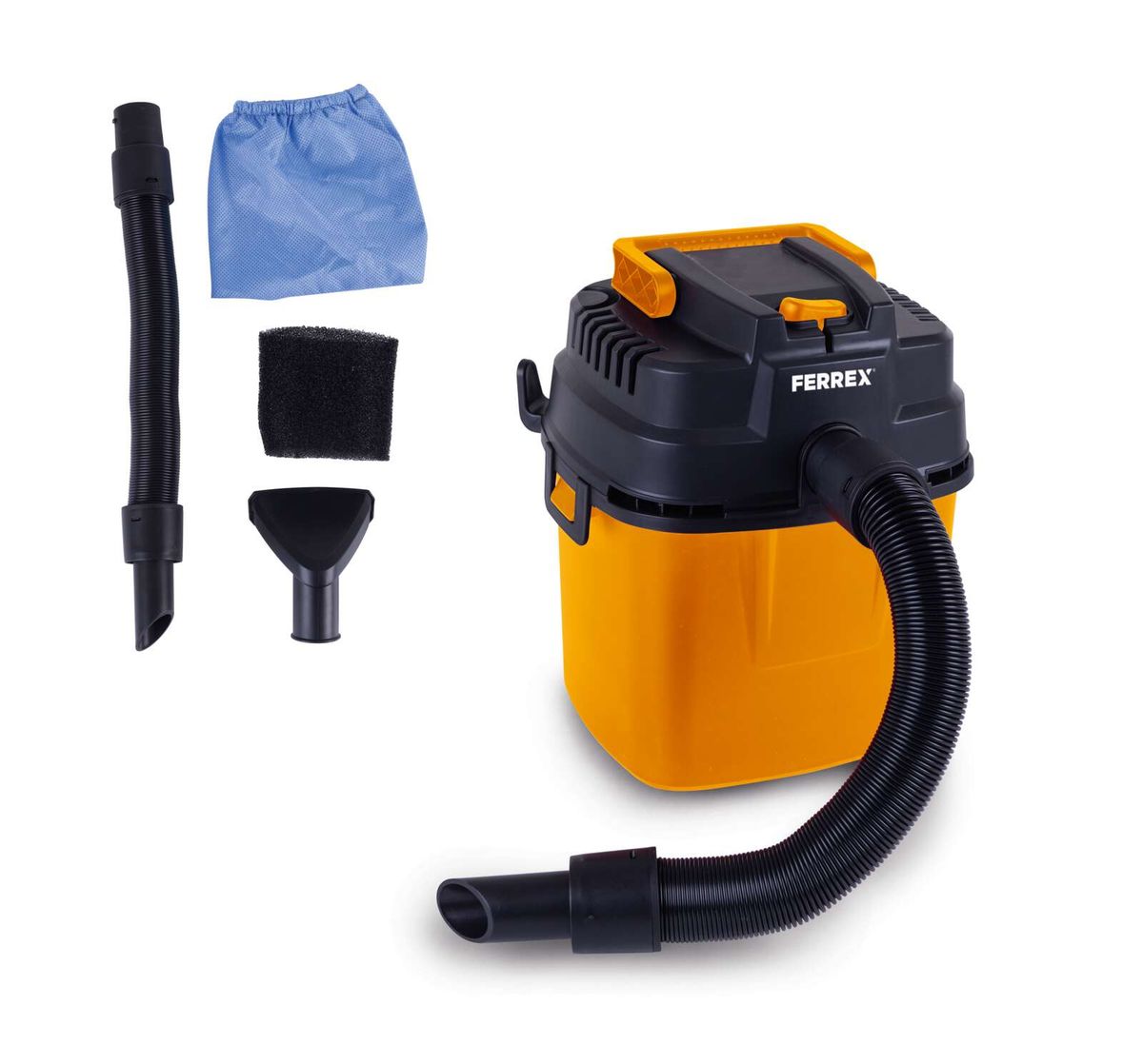 Elektro-Nass-/Trockensauger F-WDV6L Ferrex Australien mit Zubehör. Gezeigt von der Seite.