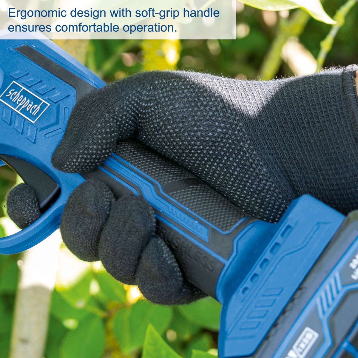 The ergonomic design with soft-grip handle ensures comfortable operation. The Scheppach Cordless Pruning Shears BC-PRS28-X features hand protection and automatic shut-off.