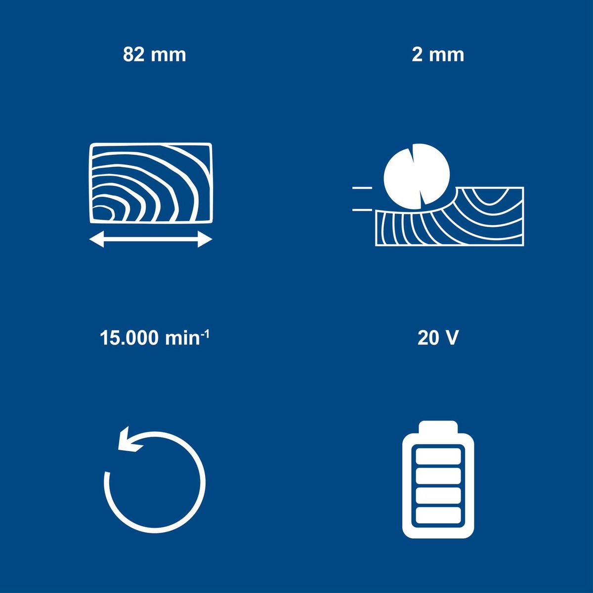 Technische Daten: Akku-Hobel mit 82 mm Breite, 15.000 min⁻¹, 20 V, 2 mm Spanabnahme