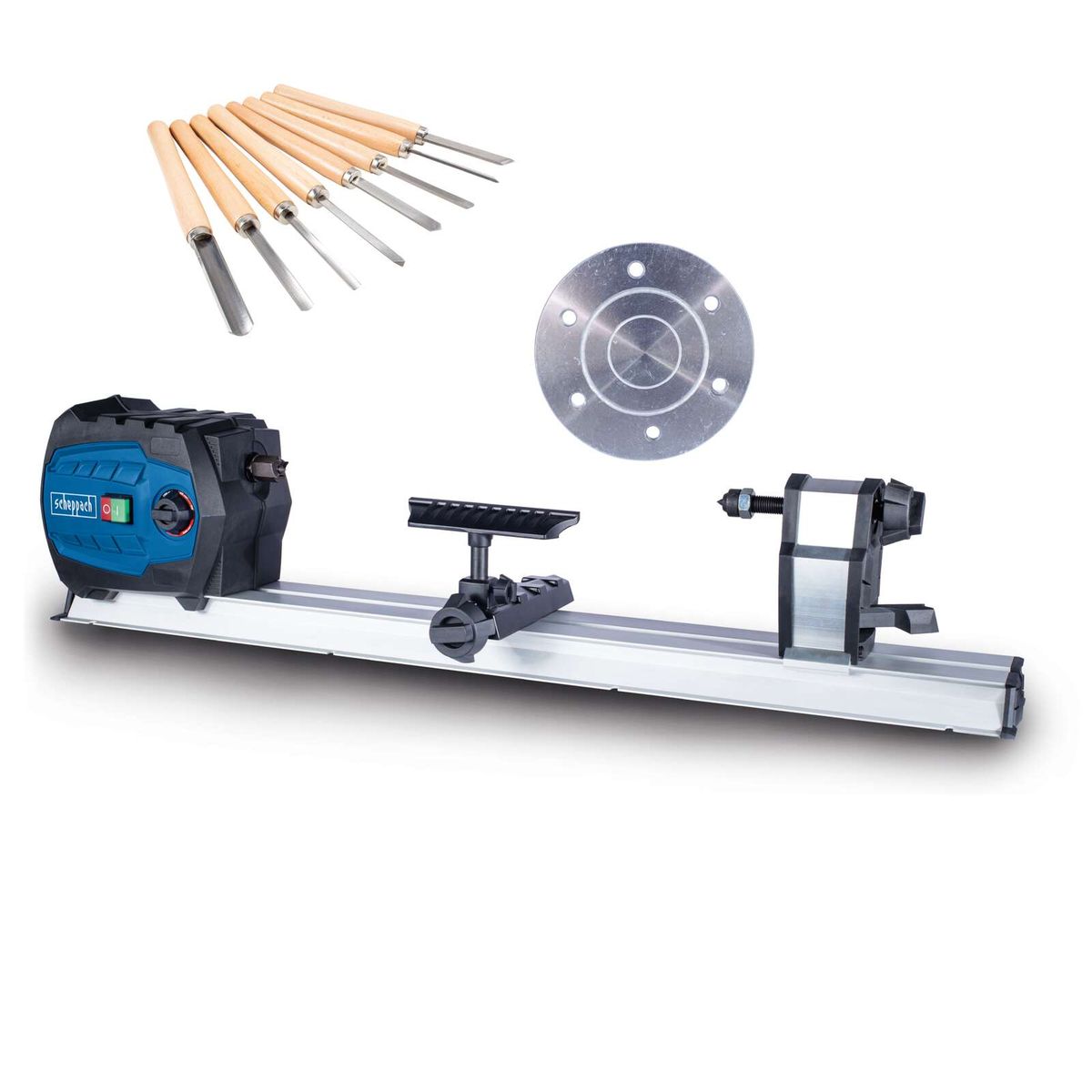 Drechselmaschine DM600VARIO Scheppach mit Werkstücke bis 600mm Länge, 4-Zack-Körnerspitze und Planscheibe. 550W Leistung, 800–3000 U/min.