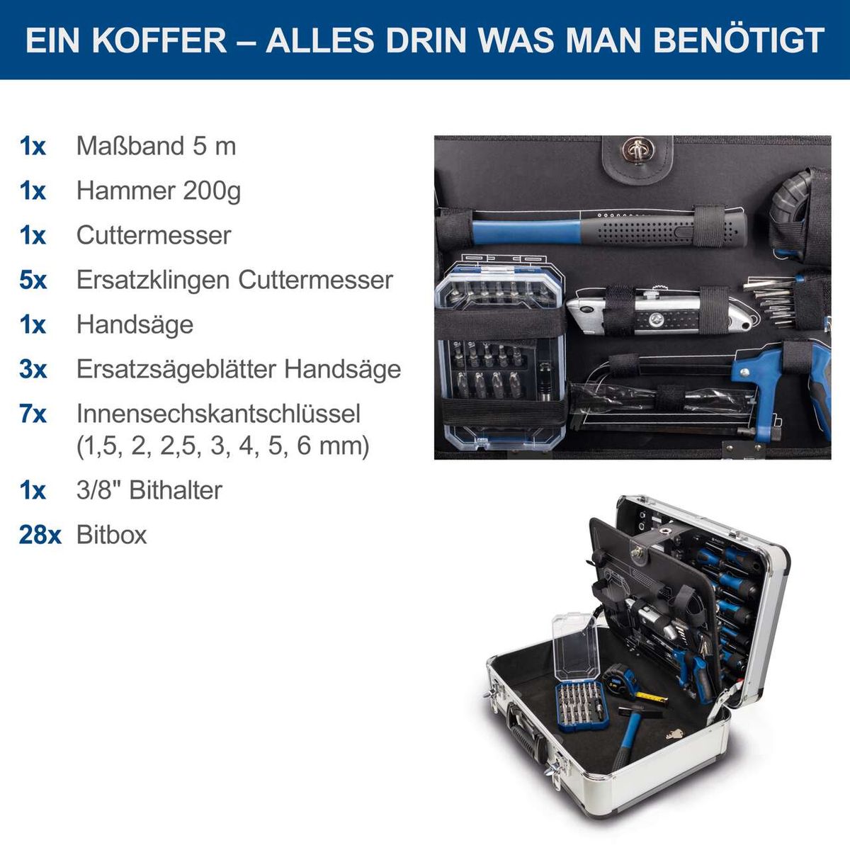 Der Werkzeugkoffer TB150 von Scheppach enthält 101 Teile, darunter ein Maßband, einen Hammer, ein Cuttermesser, Ersatzklingen, eine Handsäge, Ersatzsägeblätter, Innensechskantschlüssel, einen Bithalter und eine Bitbox.