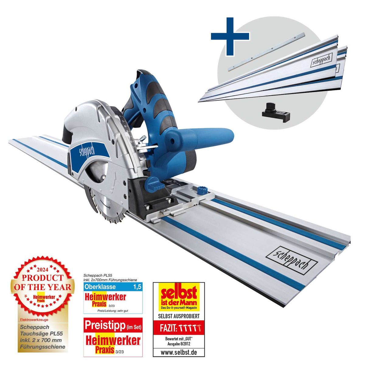 Scheppach Tauchsäge PL55 mit integrierten Führungsschienen (2x 700 mm) und Auszeichnungen als Produkt des Jahres 2024
