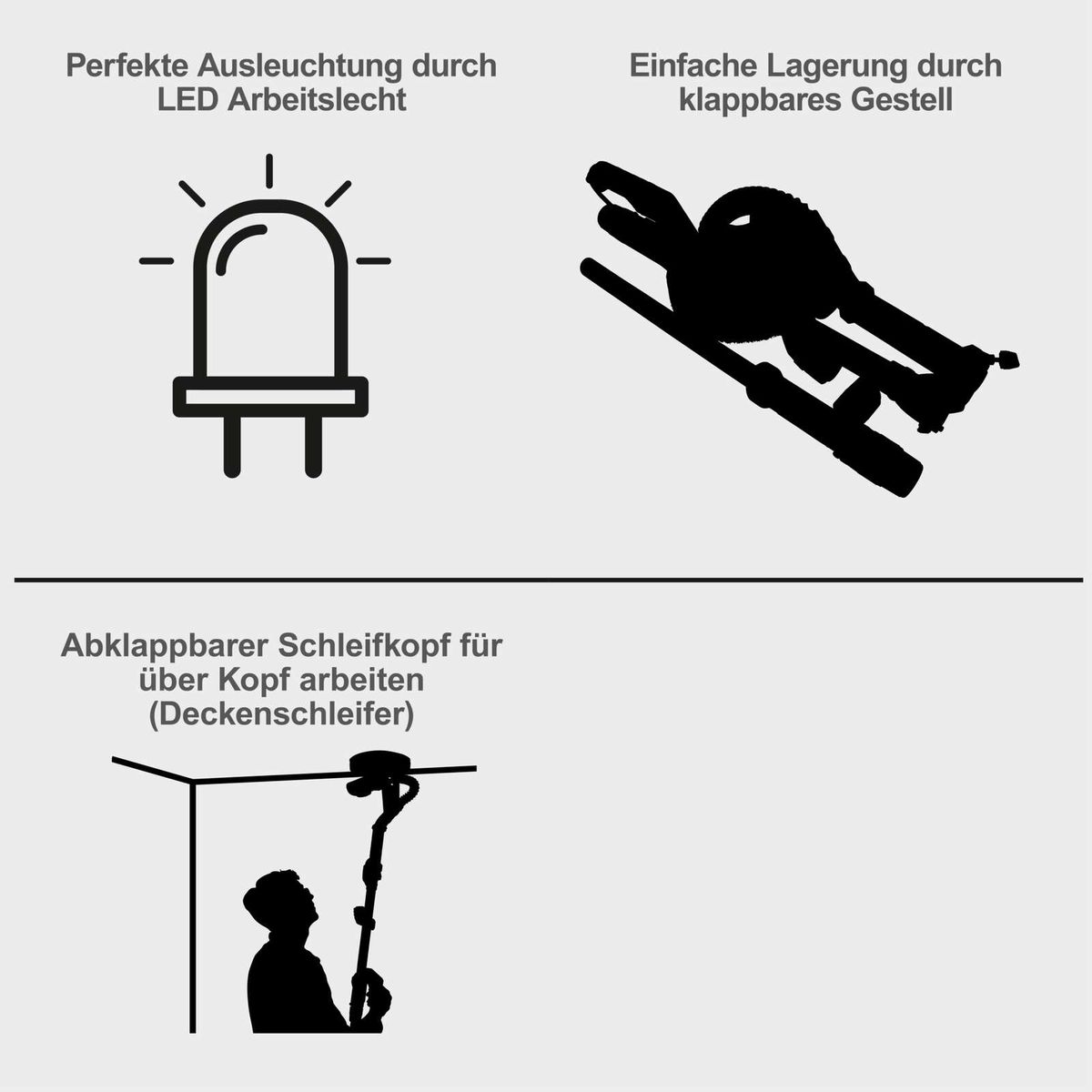 Der Scheppach Wand- und Deckenschleifer TBS915-BE bietet perfekte Ausle Ausleuchtung durch LED Arbeitsleucht und einfache Lagerung durch klappbares Gestell. Der abklappbare Schleifkopf ermöglicht Arbeiten über Kopf.