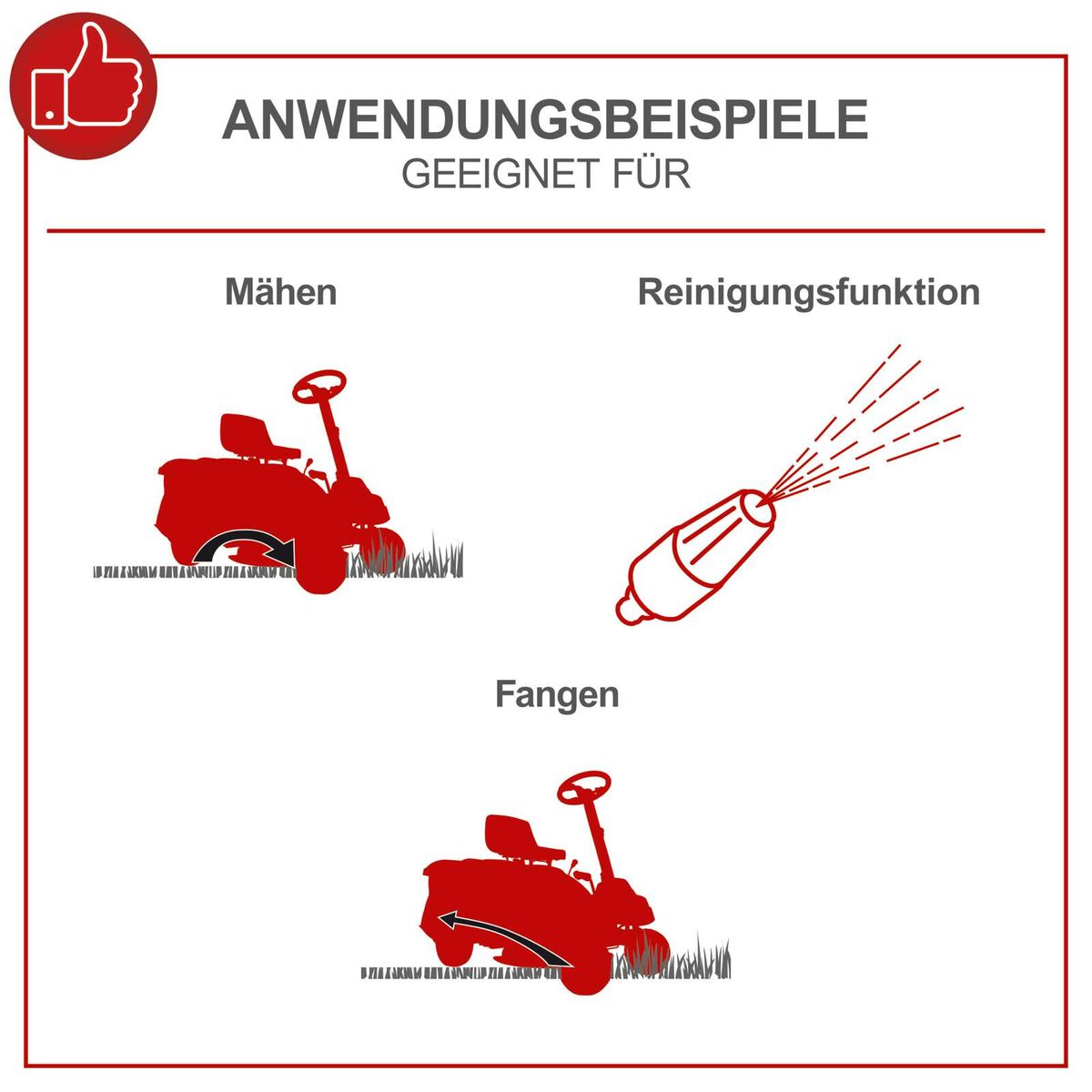 Der Benzin-Rasentraktor TMR452-98C-RD von Scheppach eignet sich zum Mähen, Reinigen und Fangen von Gras. Die Reinigungsfunktion hilft, den Rasen von Schmutz zu befreien, während das Fangen von Gras das Sammeln des gemähten Rasens erleichtert.