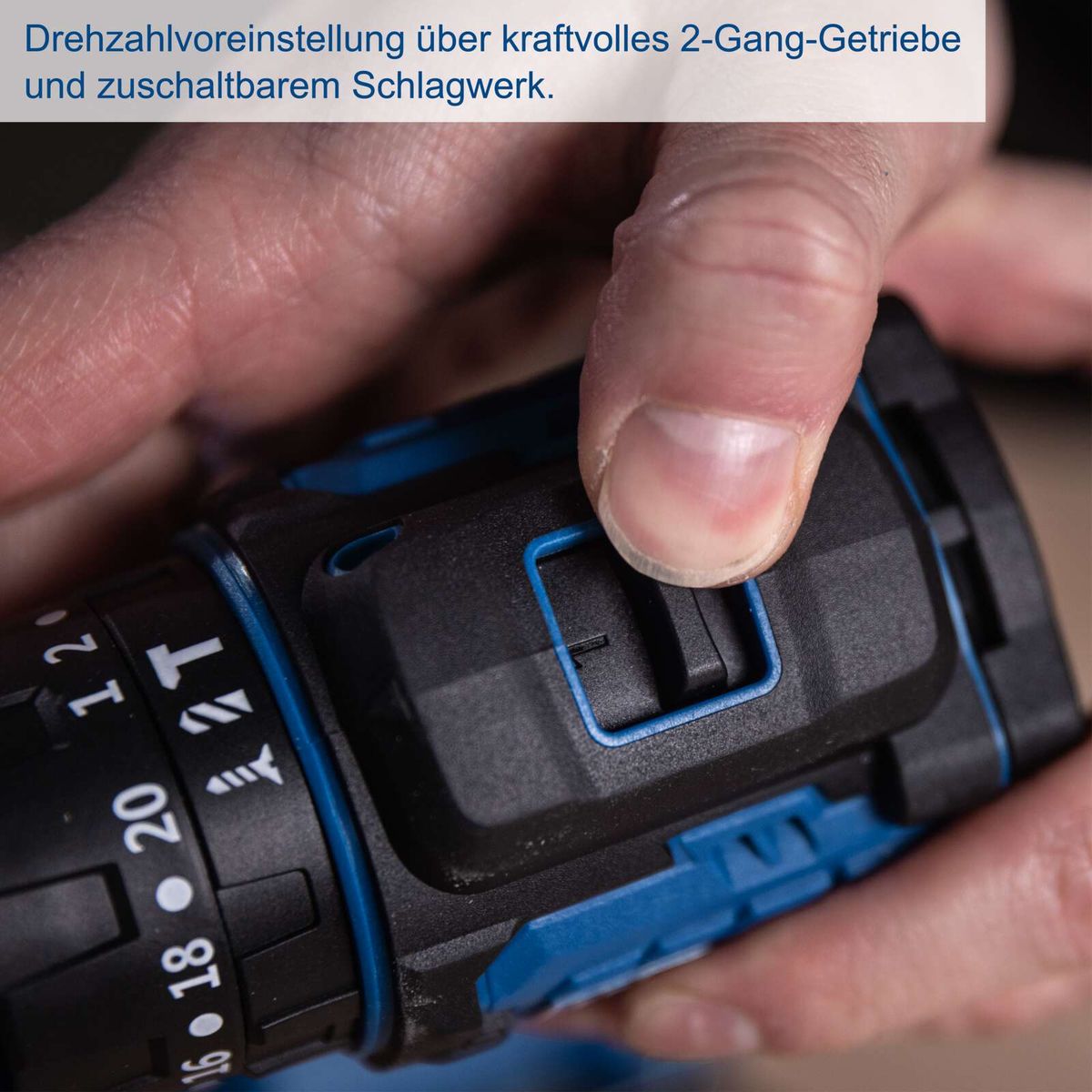 Schlagbohrschrauber mit Drehzahlregelung über 2-Gang-Getriebe und einstellbarem Schlagwerk
