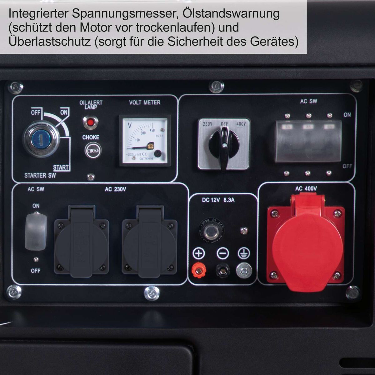 Integrierter Spannungsmesser, Ölstandswarnelement, Elektrostarter und Steckdosen für Generator DPG5200-BE