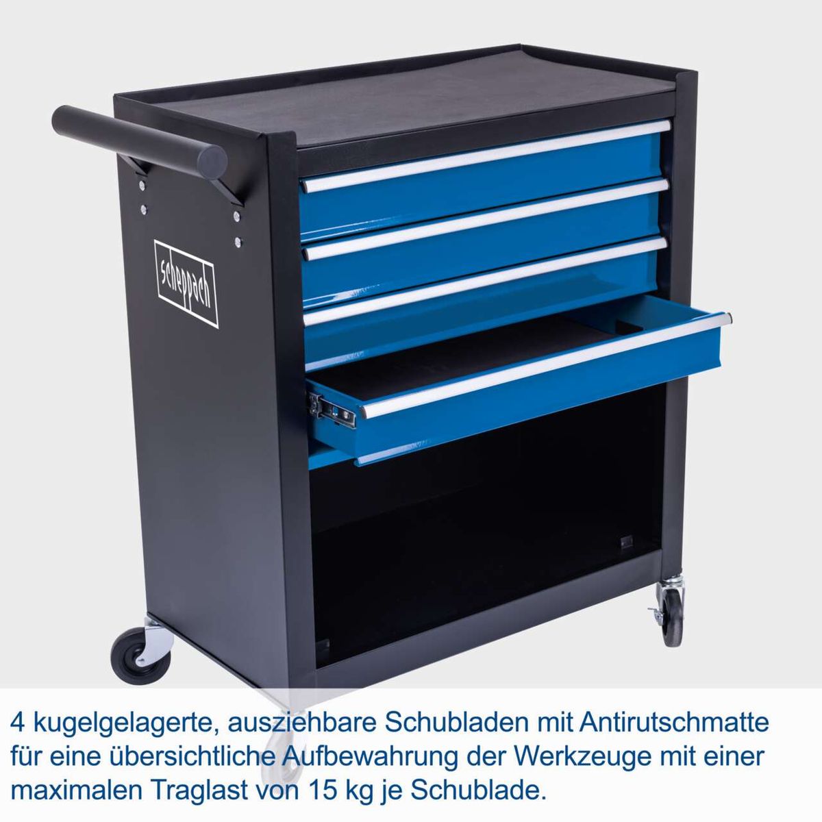 Werkstattwagen mit 4 kugelgelagerten Schubladen, Antirutschmatten und einer maximalen Traglast von 15 kg pro Schublade.