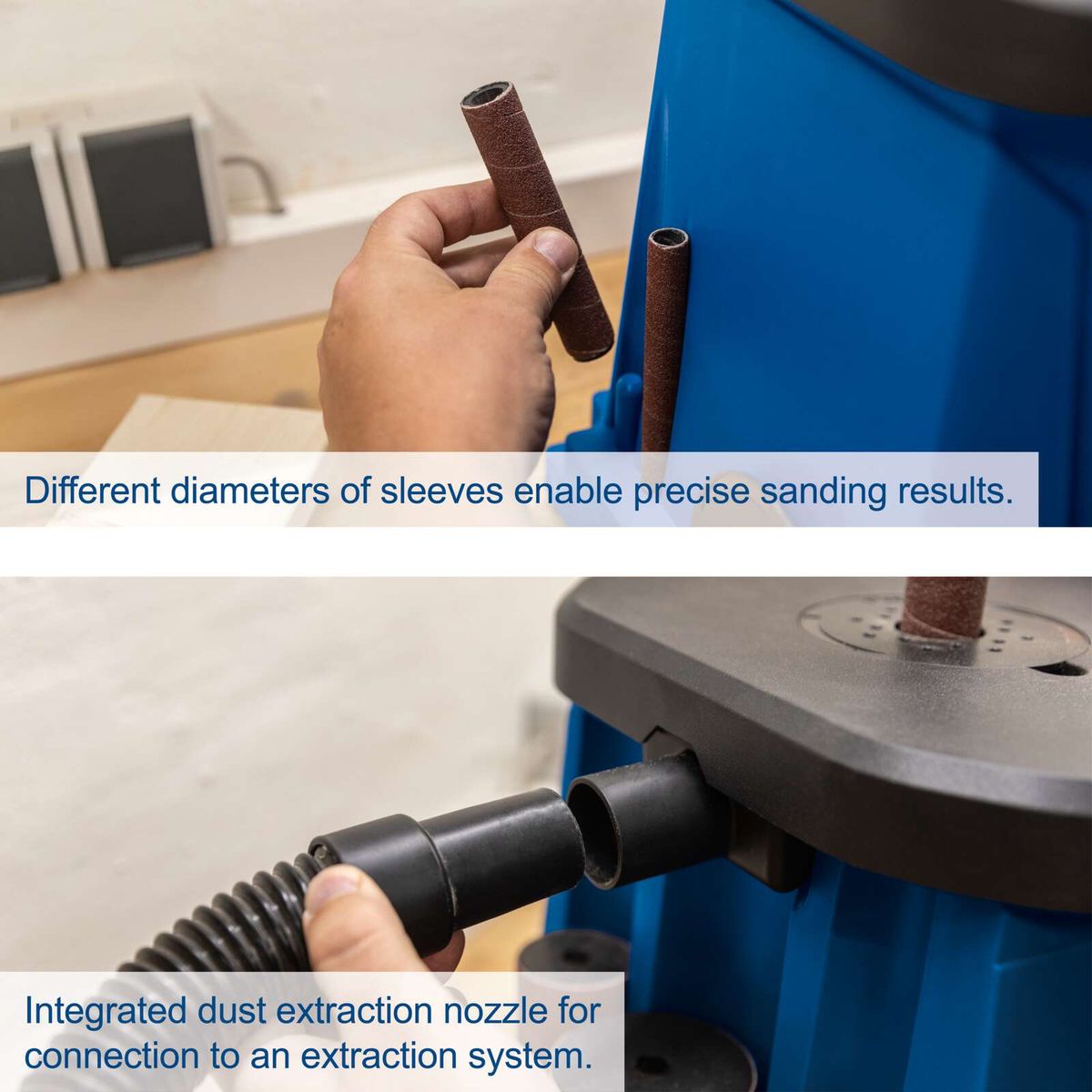 The Spindle Sander OSM100 by Scheppach features different grinding sleeves for precise sanding results and an integrated dust extraction nozzle for connection to an extraction system.