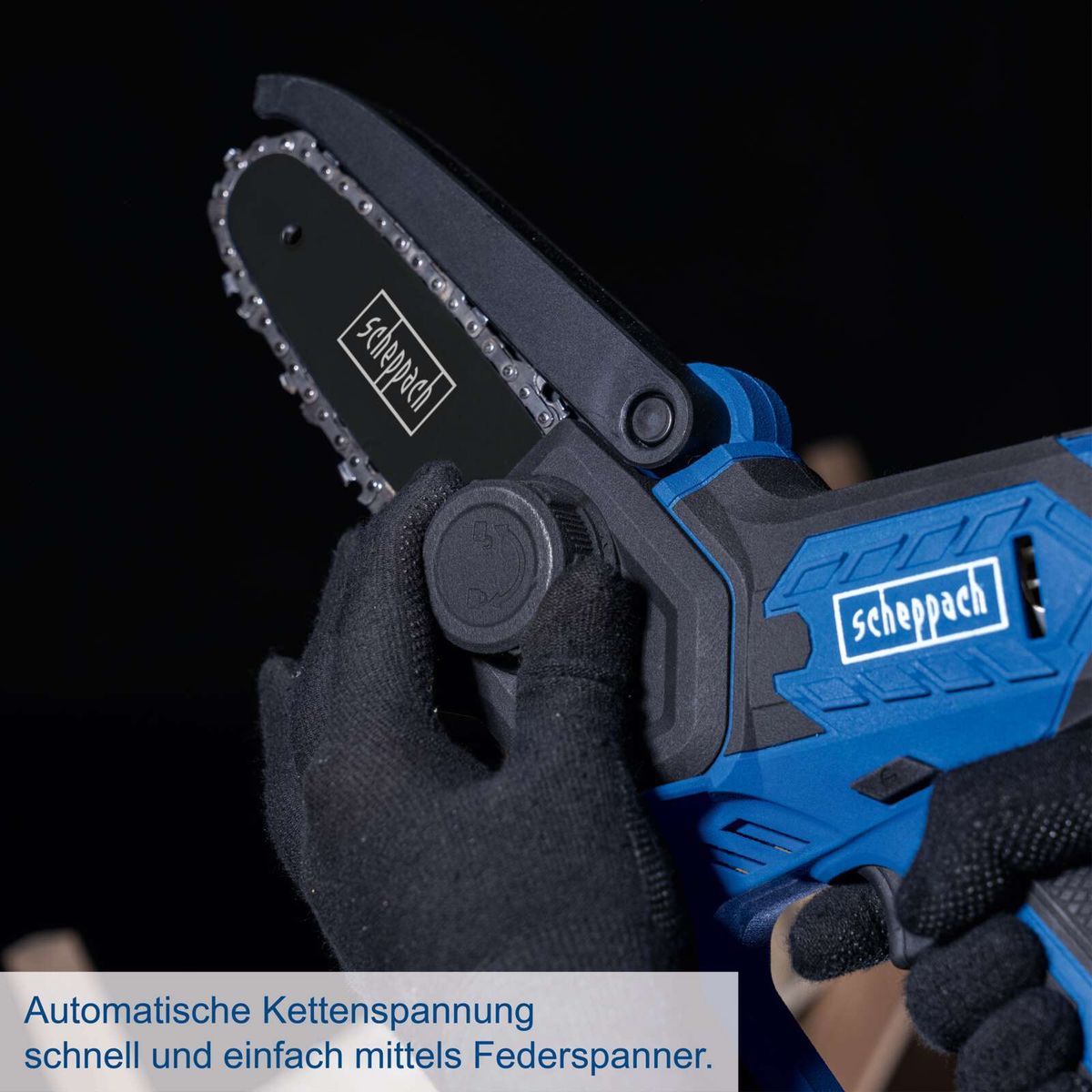 Scheppach Akku-Gehölzschneider mit automatischer Kettenspannung per Federspanner