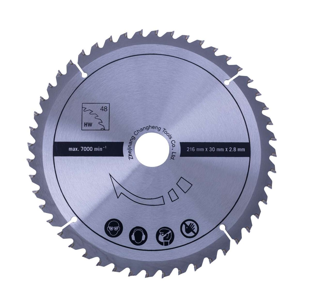 HW Kreissägeblatt Ø 216 x 30 x 2, 48 Zähne, max. 7000 U/min, 216 mm x 30 mm x 2,8 mm, von vorne gesehen.