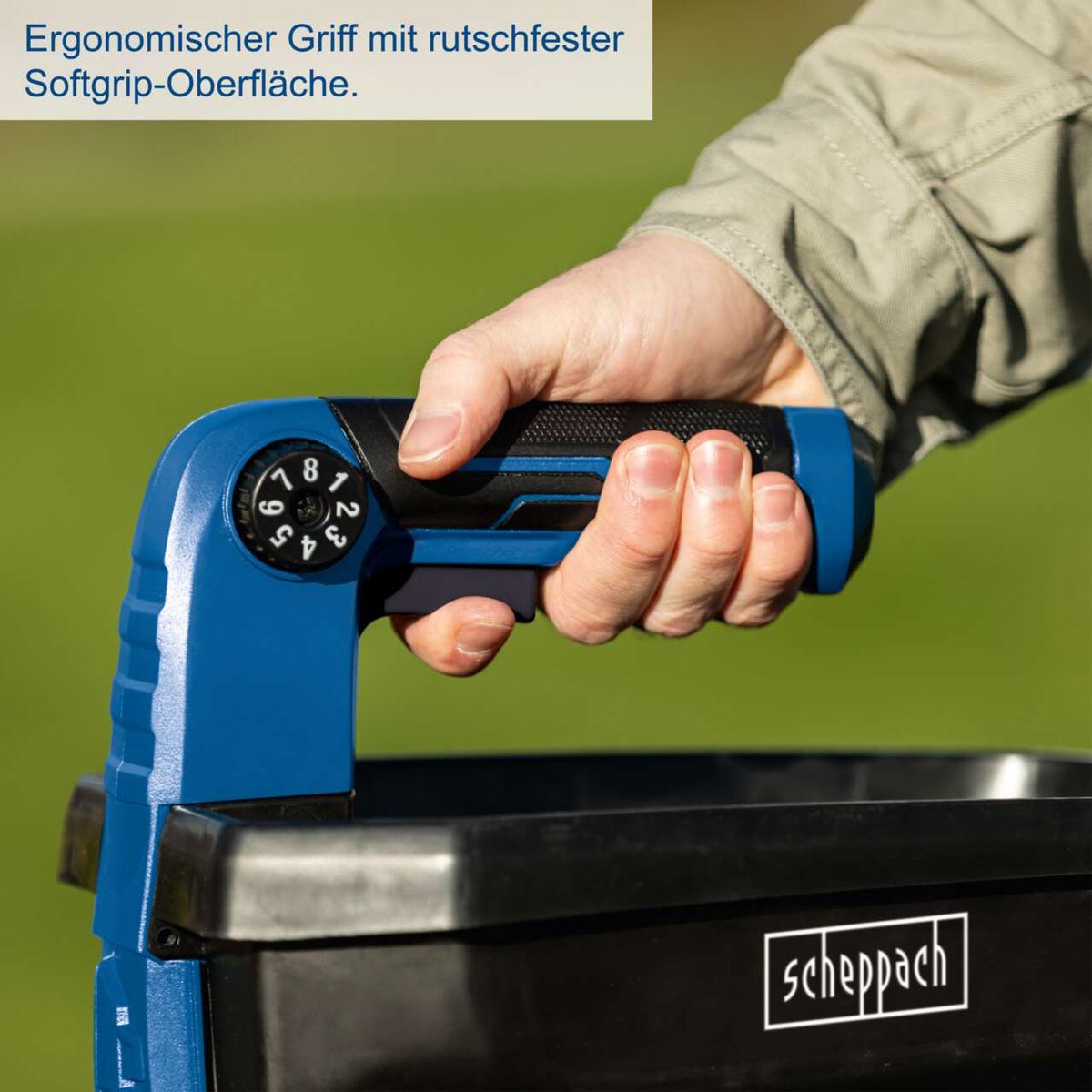 Der Akku-Handstreuer C-GSP800-X von Scheppach verfügt über einen ergonomischen Griff mit rutschfester Softgrip-Oberfläche für komfortables Arbeiten.