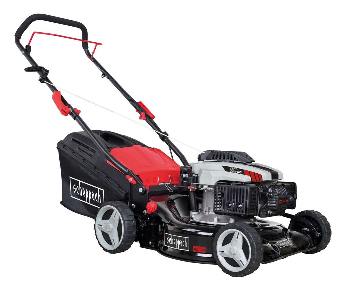 Rasenmäher MP99-42 von Scheppach, seitliche Ansicht. Der Rasenmäher hat einen 99cc Motor und eine Schnittbreite von 420mm.