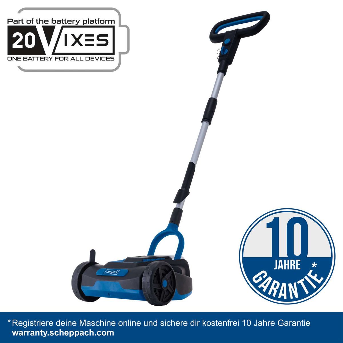 Scheppach Akku-Rasenmäher mit 10-jähriger Garantie, 20V-Batterie-System, langes Griffdesign und 10 Jahre Garantie durch Online-Registrierung