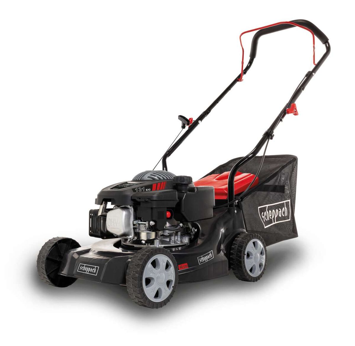Scheppach petrol push lawnmower MP132-40, side view. 40 cm cutting width, 35L grass bag, height adjustable.