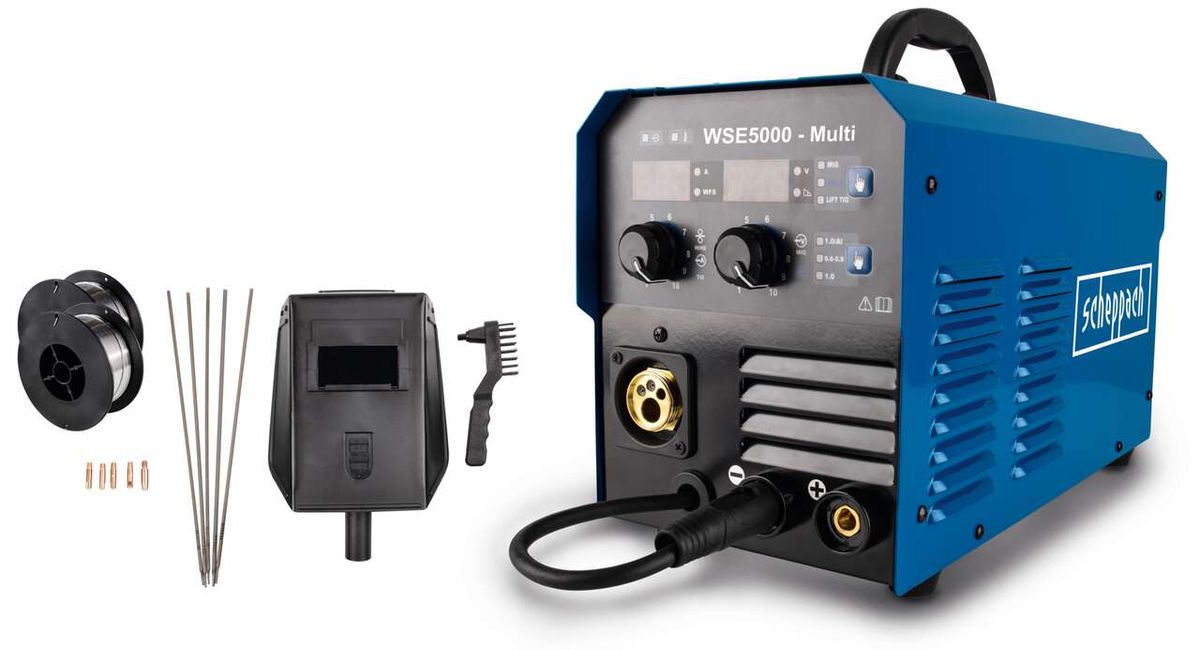 Scheppach Schweißgerät WSE5000-Multi mit Fülldrahtspule, Schutzbrille, Elektrodenhalter und Werkzeugkabel