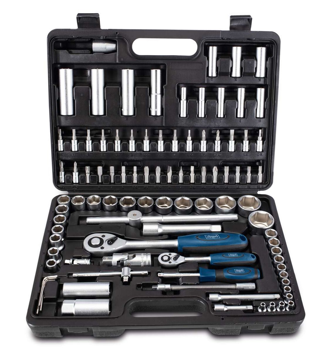 Tool kit TB94 by Scheppach featuring various tools such as sockets, ratchets, and bits. Shown from above.