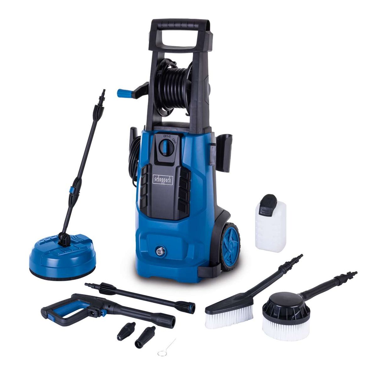 Hochdruckreiniger HCE2800 von Scheppach mit 5m Schlauch, 180bar Druck und 480 l/h Fördermenge. Inklusive Fahrvorrichtung, Schlauchtrommel und 10-teiligem Zubehörset.