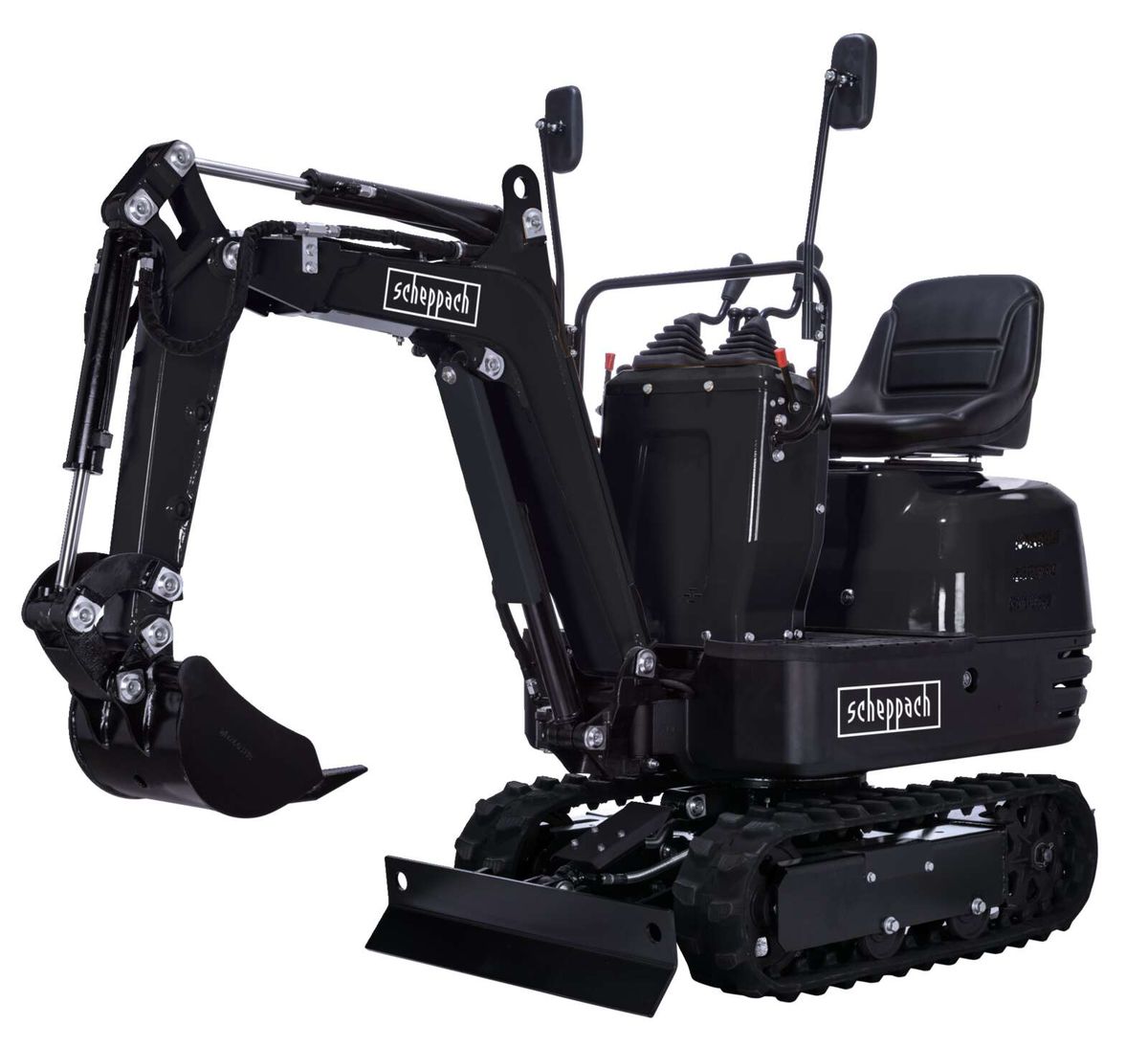 Mini-Bagger MIB800-BE von Scheppach, frontansicht mit Arbeitsausrüstung und Sitzplatz