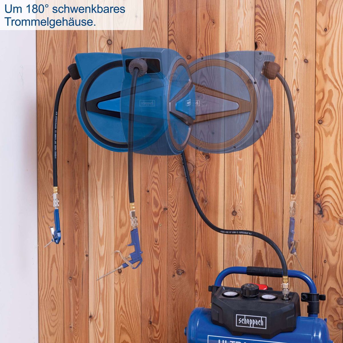 Automatik Druckluft Schlauchtrommel mit 180° schwenkbarem Trommelgehäuse und Autostopp-Funktion. Tragbar und für bis zu 15 bar Arbeitsdruck geeignet.