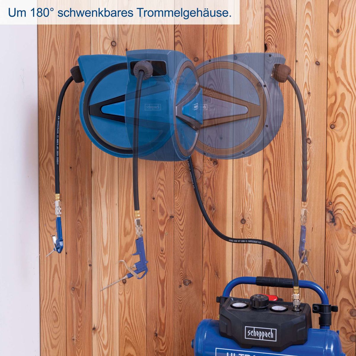 Scheppach Automatik-Druckluft-Schlauchtrommel mit 180°-Schwenkbarkeit und tragbarem Design, inkl. Schlauch und Autostopp-Funktion